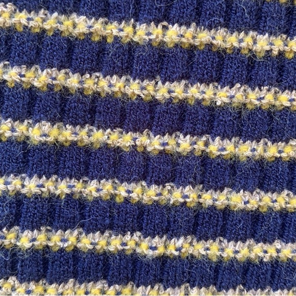 FRAME Off Shoulder Textured Wool Blend Sweater in Blue/Mustard Yellow - Picture 9 of 12